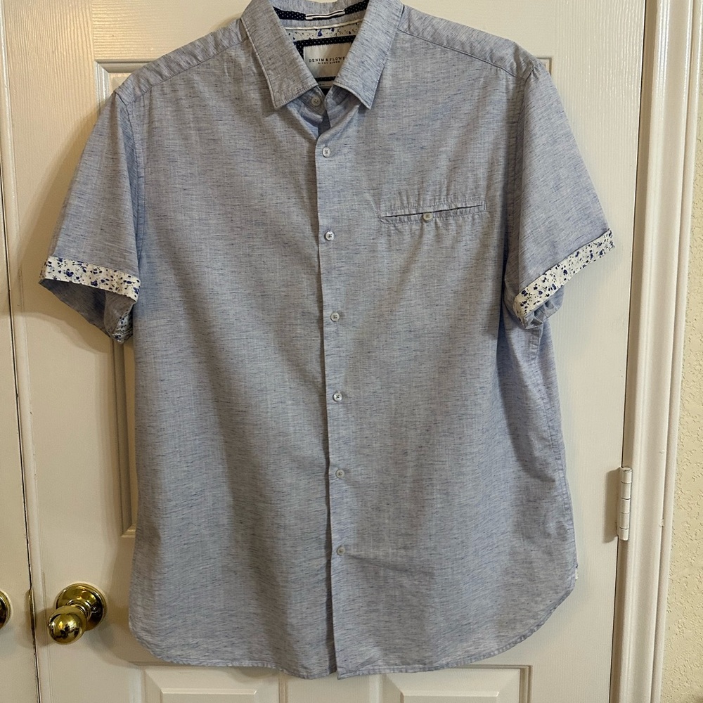 Denim & Flower Blue Casual Button Down Shirt with Floral Accents